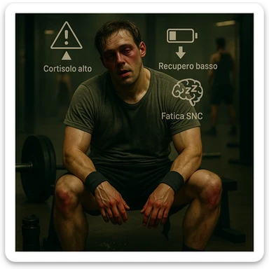 Add floating symbols above the head with Italian text: 'Cortisolo alto', 'Recupero basso', 'Fatica SNC'. The style should be raw cinematic with muted colors and dramatic lighting. The symbols must be clear and legible. sticker