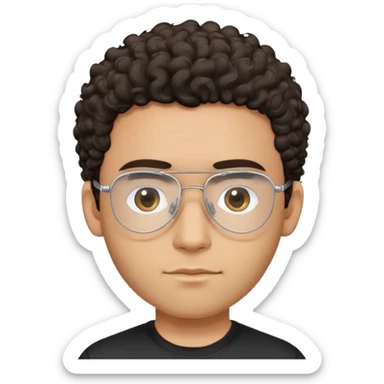Latino man with light brown complexion, small face and prominent forehead, clear lens teardrop-shaped aviator eyeglasses with metal frame, totally shaved sides with very minimal dark curly hair only on top, gentle expression, simple black t-shirt sticker