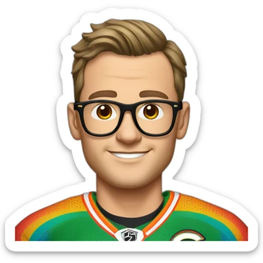 Jonathan Toews wearing glasses and rainbow clothes sticker