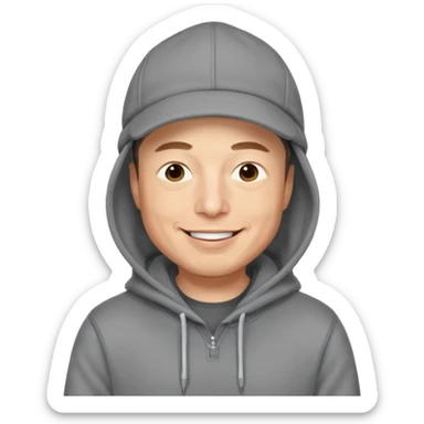 elon musk in gray hoodie full height, wear hoodie hat, happy sticker