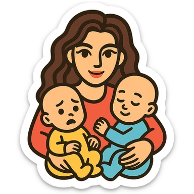 Create a variation of a woman with two infants showing different emotions on the infants' faces. The woman has detailed facial features, expressive eyes and lips with shadows and highlights, and long wavy hair. The style is icon-color-outlined with a retro sticker vibe. The background should be transparent. sticker