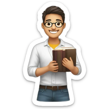 joven estudiante con todos sus libros, de piel blanca muy feliz y sonriente con un libro en sus manos y sobre su cabeza sticker