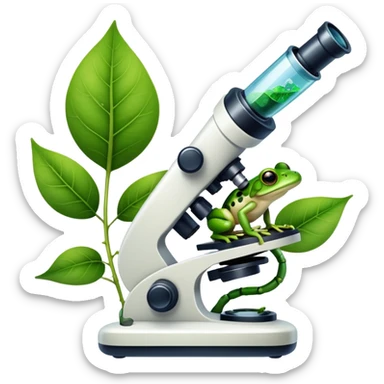 An icon featuring a DNA strand, a microscope, and a green leaf, symbolizing biology. The design includes animal cells, plant structures, and a frog, representing the study of living organisms and ecosystems. Transparent background highlights life sciences and biological research. sticker