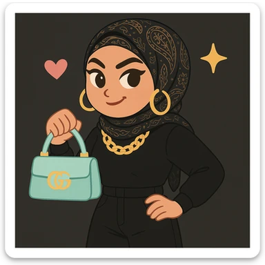 Change the outfit to black or very dark colors while keeping the baddie hijabi style. Show a playful smirk, statement jewelry, designer bag, patterned hijab, trendy clothes, cool attitude, and pastel colors for accessories only. sticker