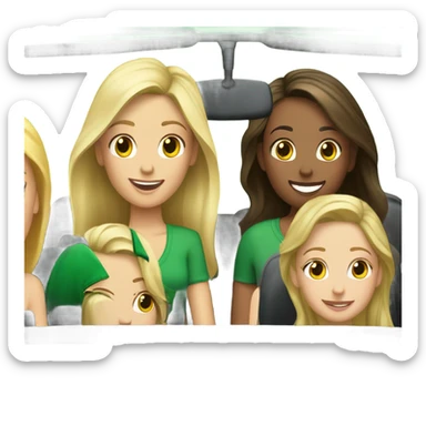 Two Caucasian blonde girls and two Caucasian brunette girls driving a green volkswagen convertible sticker
