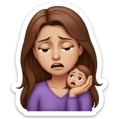 Crying woman with long brown hair with stomach cramps sticker