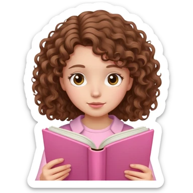 girly character with brown soft curly hair reading a pink book sticker