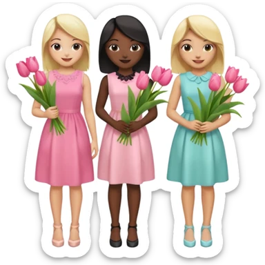 5 girls at a garden party wearing pastel dresses and holding tulips, one is black one is blond, one is asian, one is latina sticker