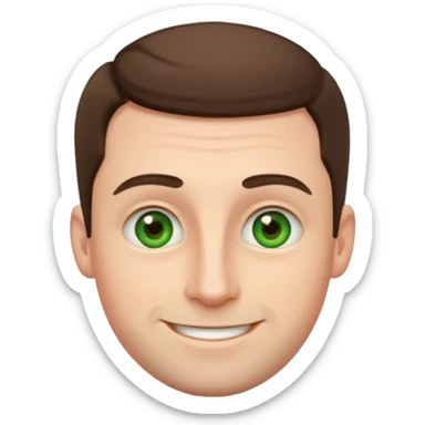 white man, 30 years old, white skin, round face, wide nose, big eyebrows, no beard, very short brown hair, green eyes, emoji style sticker