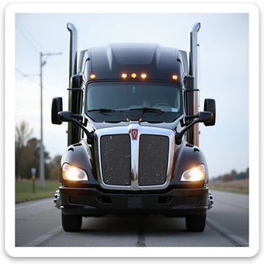 2026 Black Kenworth T680 Sleeper semi truck, front view, headlights on, tall chrome muffler stacks, realistic details, no background sticker