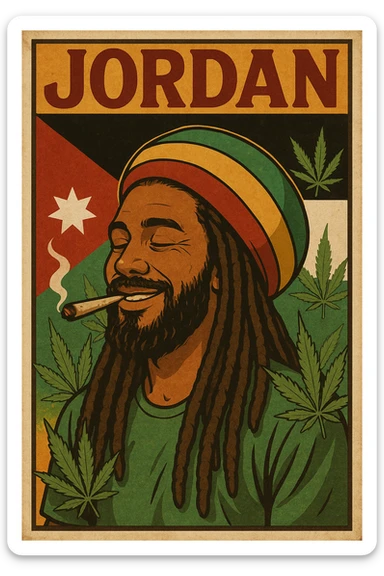 A digital vintage-style poster illustration of a Jordanian Rasta man with dreadlocks, wearing a red, yellow, green striped tam hat. He is smiling peacefully with a lit herbal spliff in his mouth. The background features the official Jordan flag — black, white, green horizontal stripes with a red triangle and a white 7-point star — accurately displayed behind him. Cannabis leaves are tastefully arranged around the composition, and the poster includes Rasta color textures blended with the Jordanian palette. Use a retro poster style with warm, slightly aged textures, bold outlines, and soft shading to evoke a soulful reggae vibe that honors both Jordanian pride and Rasta spirit. The mood is chill, powerful, and respectful sticker