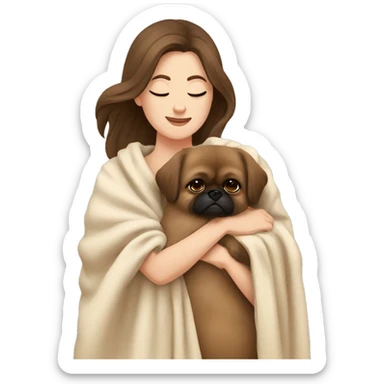 A Women with brown hair is cradling her Pekingese in a beige blanket sticker
