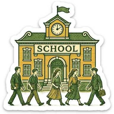 Add students walking in front of the school building in a classic look with a green, gold, and white color scheme. Include elegant lines and decorative details, with no background. sticker