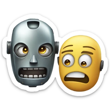 Two robots with menacing grins, looking down at a small human figure with a worried expression. sticker