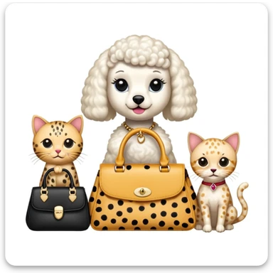 A spider, a cat, a white poodle and a cheetah, all holding purses sticker
