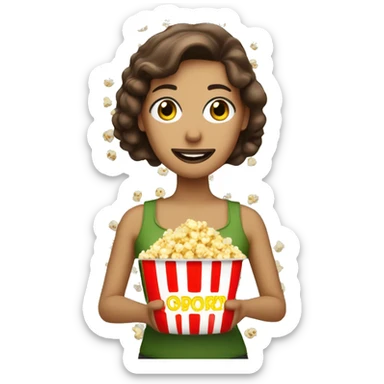 Frau mit Popcorn in der Hand, braune Haare & Grüne Augen sticker