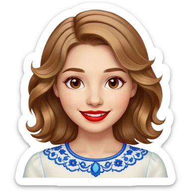 Cheerful woman with clear skin, round face, wide friendly smile, big light brown eyes, vibrant red lipstick, shoulder-length wavy dark blonde hair with light highlights, white top with blue embroidery and electric blue neckline sticker