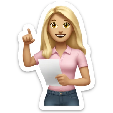 White woman with long blonde hair, wearing a light pink shirt, showing off a completed to do list in one hand, and flexing her other arm sticker