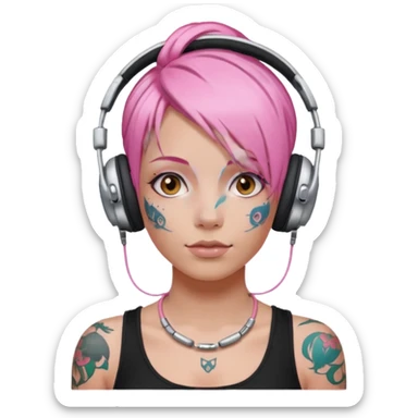 headphone and tattoes on face and pink haired sticker