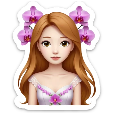 Asian girl with long golden brown hair white skin makeup natural with orchid white/pink only on her left ear, her dress is white  coquette  sticker
