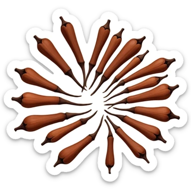 loose scatter of whole cloves, deep brown color, distinctive nail-like shape with rounded heads and tapered stems, dry woody slightly ridged texture, subtle color variations from dark mahogany to reddish brown, soft lighting, subtle shadows, emoji scale sticker