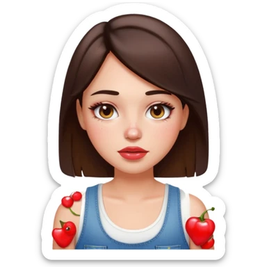 “Emoji brunette girl white tanktop, dewy skin, heavy blush across cheeks and nose bridge, glossy cherry lips, soft eyeliner, teary sparkling eyes like hanni from new jeans sticker