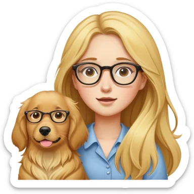 A long-haired girl wearing glasses was knocked down by a golden retriever sticker