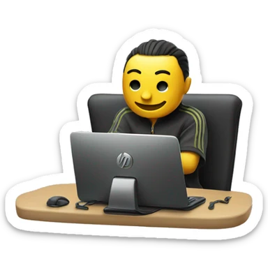 An emoji-style character sitting in a relaxed and fun pose in front of a PC.
The PC should clearly display the HP Victus logo on the front.
 sticker