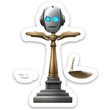 a balance of justice with a robot head in one side and a school on the other side sticker