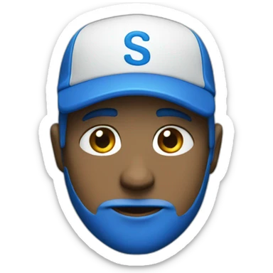 A white men who have a blue cap with letters "S K" and he have a blue shirt sticker