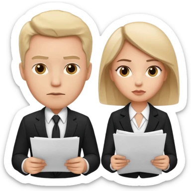 man in formal suit talking to woman in formal suit, they sit, papers in hands sticker