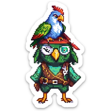 a classic pirate with a green parrot, pixel art style sticker