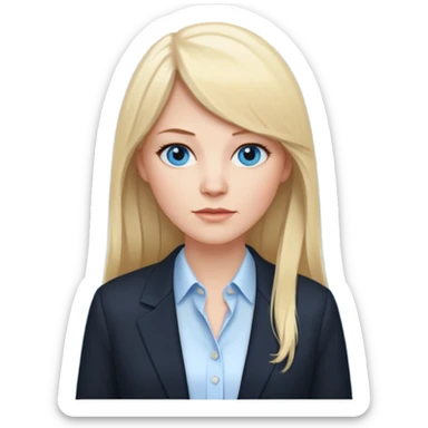 40 yr old white woman, pale skin, long straight blond hair parted in center, blue eyes, bangs, clothes for office sticker