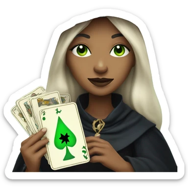 Witch with green eyes holding tarot cards sticker