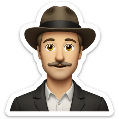 a white man with a french mustache. very handsome, he has a chiseled jawline and hollow cheeks. a hint of eyeliner on the eyes. no hat, he has a brown slickback haircut sticker