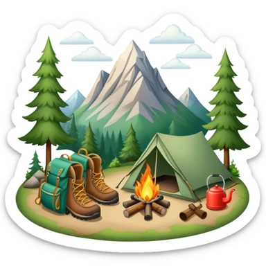 Icon for Hiking: a pair of hiking boots, a backpack, a walking stick, a tent, and a kettle over a campfire, surrounded by trees and a mountain trail. The icon should capture the adventure and warmth of camping. Transparent background. sticker