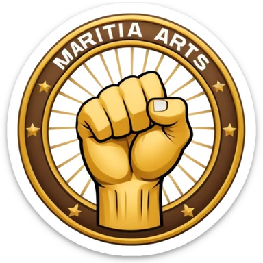 Round emblem symbolizing combat sports, featuring a clenched fist facing forward at the center. The fist is bold and strong, representing power and skill in martial arts. Surrounding the fist are dynamic lines, giving the emblem a sense of motion and energy, emphasizing the intensity of combat.  sticker