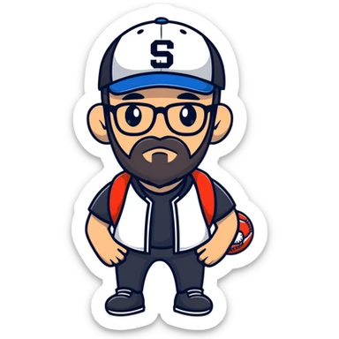 adventurer with small beard, glasses and backwards baseball cap sticker