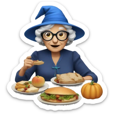 smart granny witch with glasses and blue hat lunching with friends sticker