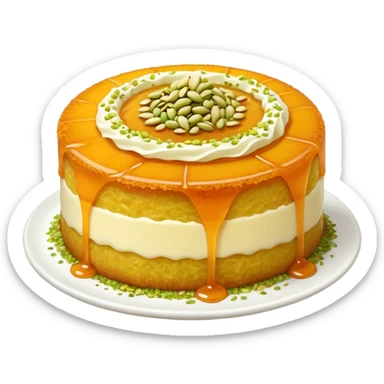 A small round emoji of traditional kanafeh with golden-orange crispy threads, a gooey white cheese center, and a light sprinkle of green pistachios. Warm and delicious-looking. sticker
