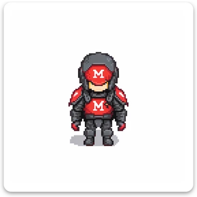 military person in black and red armor, wearing a black flag on back with red letter M in center sticker