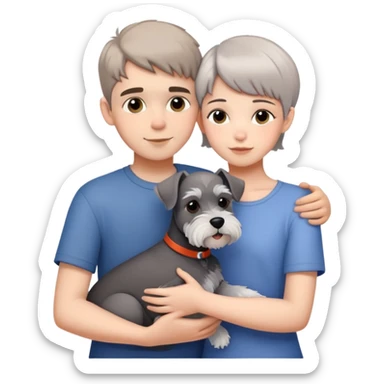a boy and a shorthair girl hugs a Schnauzer sticker