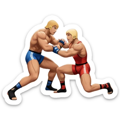 An icon depicting two wrestlers in a grappling stance on the mat, engaged in a fierce combat. One fighter attempts a takedown, while the other resists. The background shows a wrestling arena with bright lights and spectators around the edge of the ring. Transparent background  sticker