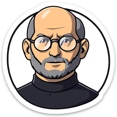 Steve Jobs with black turtleneck, round glasses, beard sticker