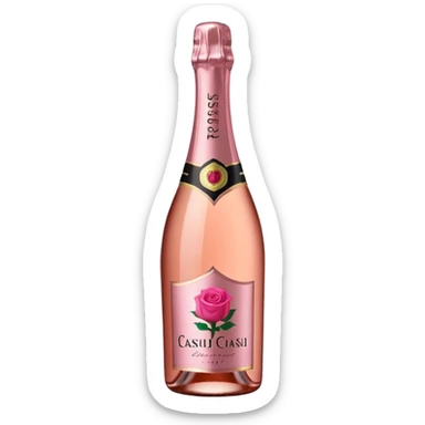 bottle of sparkling rosé champagne with a rose logo on the label, tilted up and to the left, no glass sticker