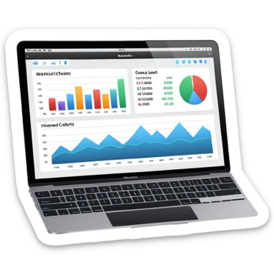 Create a macbook displaying financial charts and black analytics dashboards on the screen. sticker