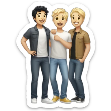 Gay male couple, 1 Latino black hair the other one Australian blonde hair with a cat in the middle laughing full body sticker