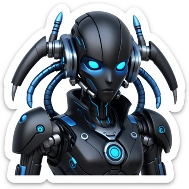 Modern futuristic black dark cyberpunk-fakemon-creature with blue accents sticker