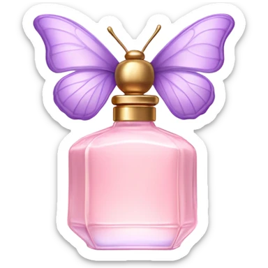 A dreamy vintage perfume bottle in soft pastel pink, adorned with delicate violet butterfly wings. sticker