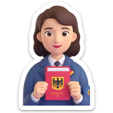 3D style universal gender-neutral ageless character holding a German passport, friendly and official, subtle German flag elements, mobile app icon for permanent residency or citizenship in Germany sticker